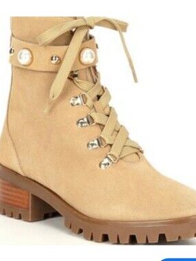 Karl Lagerfeld Perry Pearl Combat Boots Beige Suede Lug Sole 7.5M